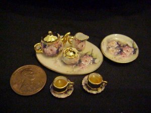 Fancy Porcelain Roses and 14K gold Teaset