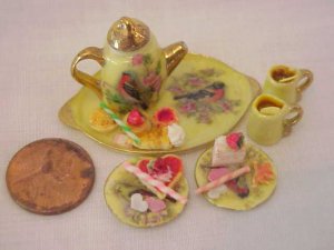 6pc yellow porcelain teapot set robin bird & pastry