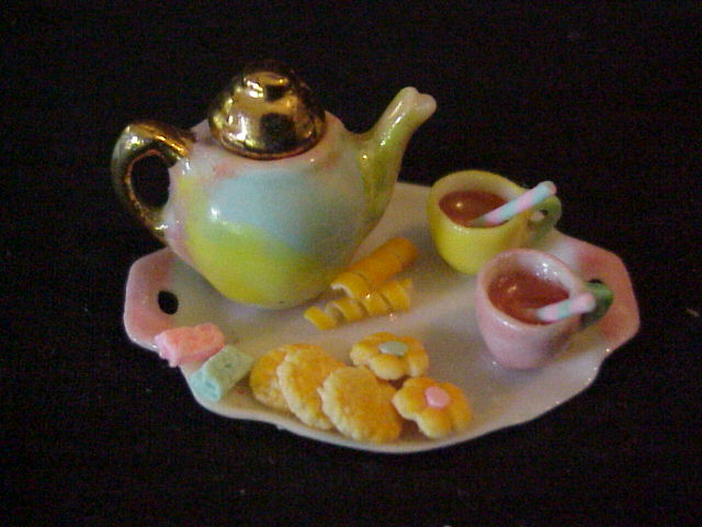 4pc porcelain blue/pink teapot and cookies - Click Image to Close
